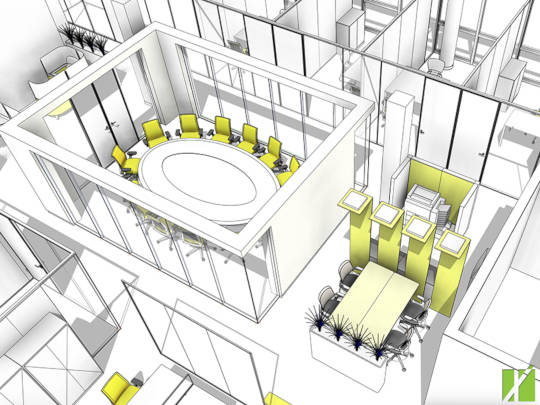 Space planning d'un espace de réunion de travail cloisonné